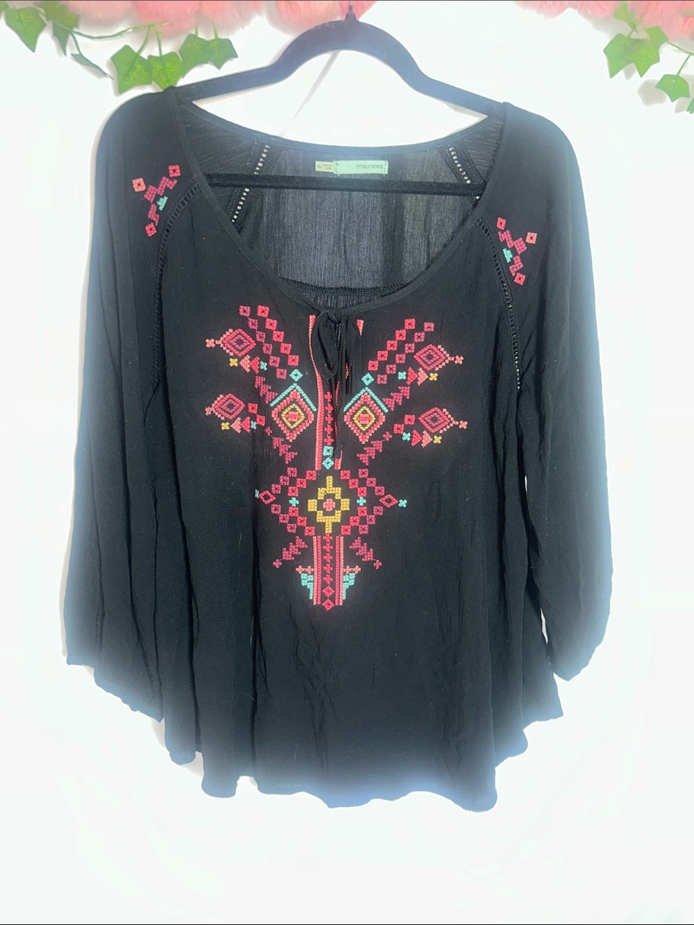 Maurices Black Tunic with Pink, Yellow & Aqua Embroidery
